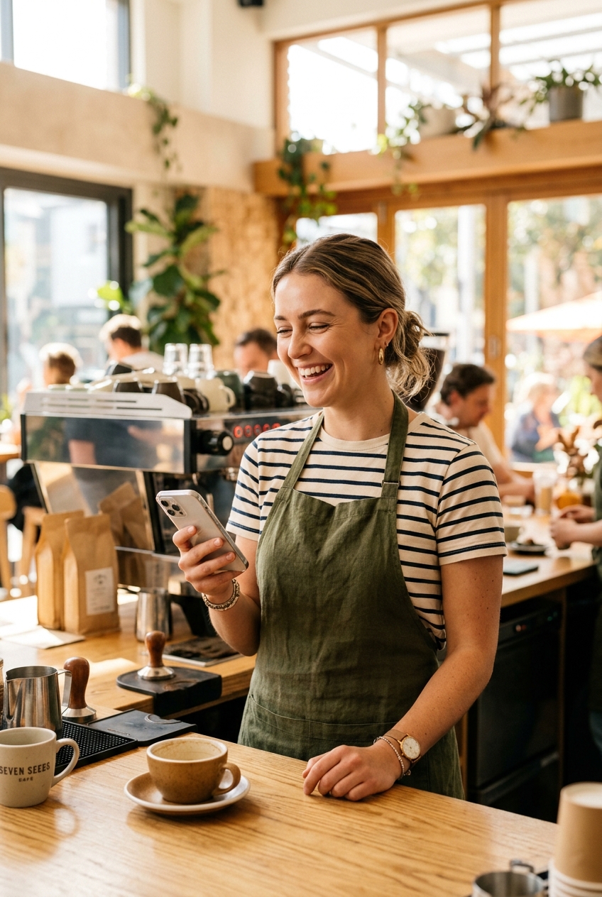 Barista checking her shift on Clockaroo